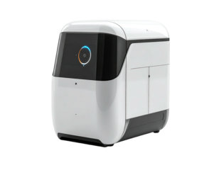 White, rounded, boxy device with a circular display