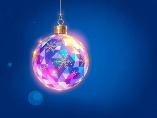 Fototapeta premium abstract Pastel neon holographic pop art illustration of mosaic pixel stylized glow Luxury elegant gold xmas bauble on marine blue background