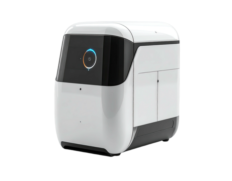 White, rounded, boxy device with a circular display