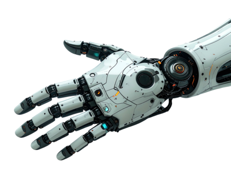 Close-up of a futuristic robotic hand with articulated fingers and visible inner mechanisms