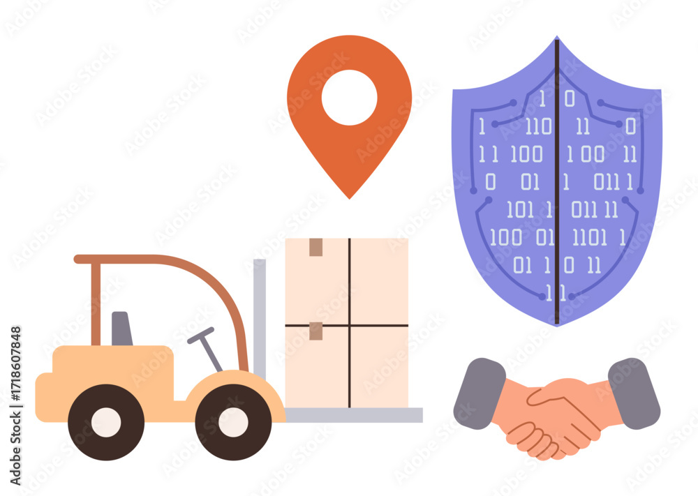 Aufkleber forklift moving boxes, map pin, handshake, and shield with binary code symbolize shipping, cybersecu