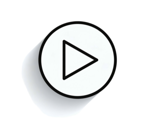 A white play button icon with a black outline, set on a round, shadowed background