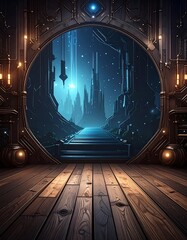 Futuristic portal through wooden floor