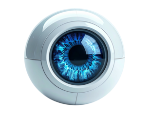 Futuristic, white sphere with a detailed blue eye