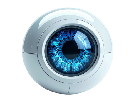 Futuristic, white sphere with a detailed blue eye