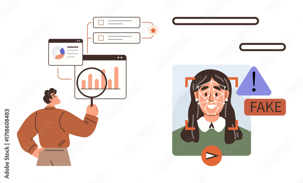 Poster man inspecting analytics, graphs, and charts while a face recognition system flags fake identity wit