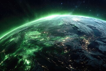 Obraz premium Night Earth, glowing green aurora