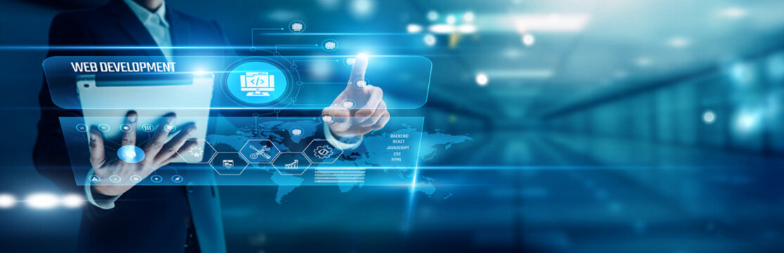 Businessman analyzing global networks web development, responsive design, e-commerce platforms, CMS solutions, API integration, front-end coding, back-end systems, and digital experience optimization.