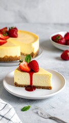 Creamy cheesecake slice with fresh strawberries