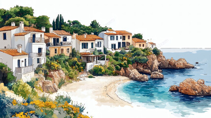 Fototapeta premium Coastal village watercolor painting
