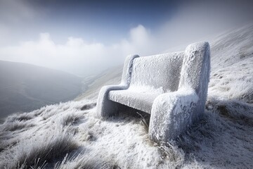 Frozen bench atop a snow-covered hill overlooking a valley