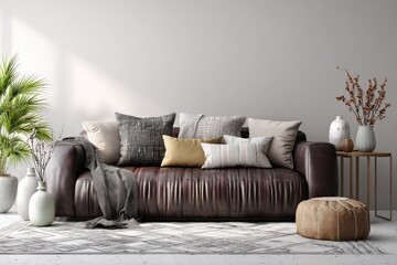 A brown leather couch with pillows sits in a minimalist living room