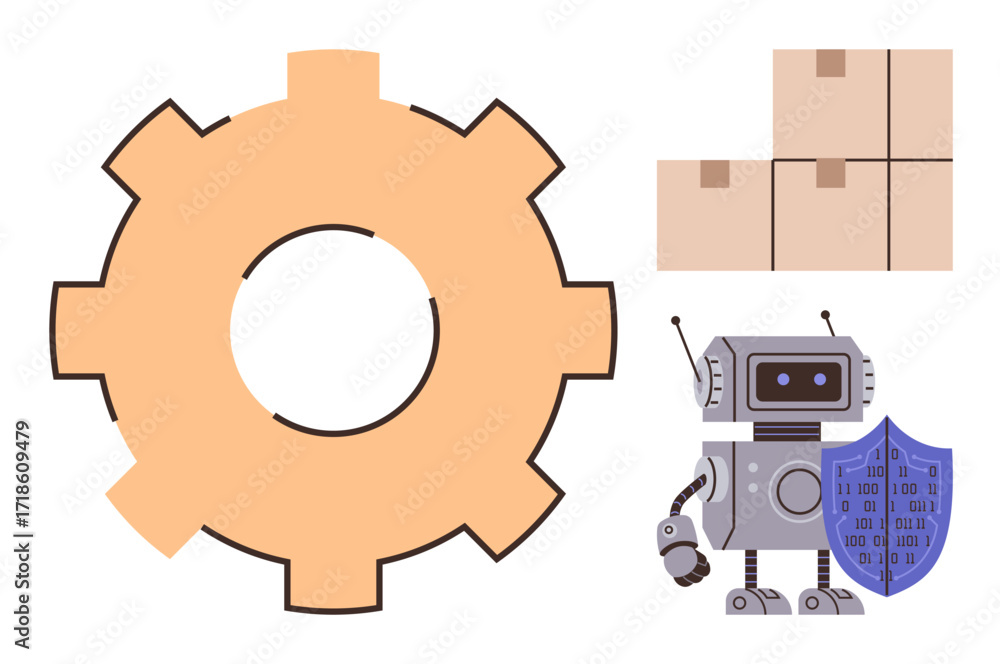 Poster robot with arm holding a shield featuring binary, large gear for mechanics, and boxes for cargo. ide