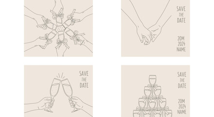 Elegant wedding celebration elements featuring hands holding champagne glasses, a couple holding hands, and a champagne tower, perfect for save the date designs.