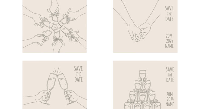 Elegant wedding celebration elements featuring hands holding champagne glasses, a couple holding hands, and a champagne tower, perfect for save the date designs.