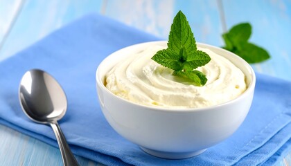 Creamy dessert in bowl with mint
