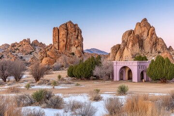Pink building nestled amidst desert rock formations at dawn