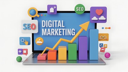 Laptop showing digital marketing concept with graph and seo icons around