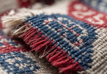 Close-up of frayed fabric with red and blue patterns