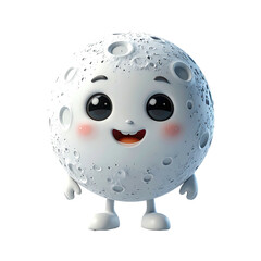 Cute cartoon moon with large eyes and a wide smile, light gray with crater details, depicted with chubby hands and feet