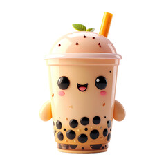 Cute cartoon bubble tea in a plastic cup with a straw,  large eyes, and a happy expression