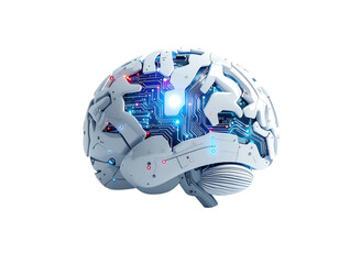 3D model of a brain with intricate circuitry.  A detailed depiction of a white, mechanical brain, showcasing inner components and glowing circuits