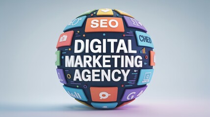 Digital marketing agency sphere with social media icons on a light background