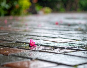 A single pink flower on a wet brick path during a rain shower