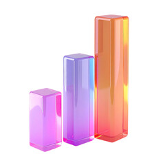 Three translucent, 3D bar graphs, in shades of orange, purple, and pink, ascending in height, implying growth or progress