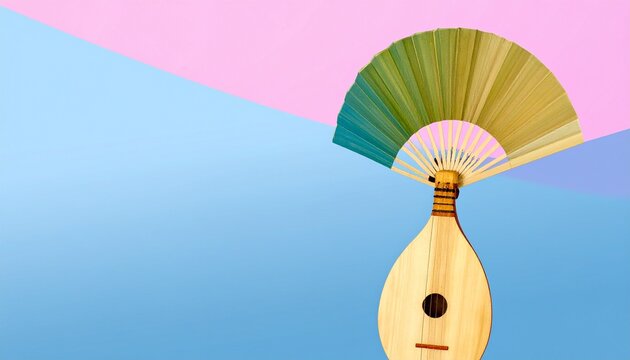 Minimalist 2D artwork of a sasando, traditional string instrument from Rote Island, shaped like a fan with palm leaf covering, soft pastel colors