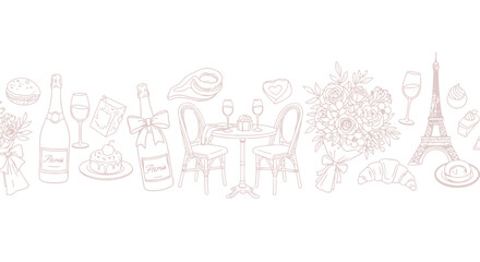 Charming Parisian romance scene with Eiffel Tower, champagne, flowers, and delightful pastries evoking a perfect date