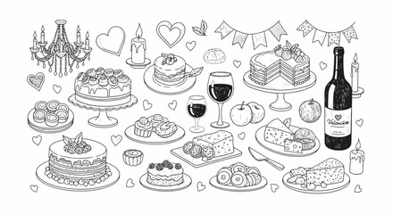 Celebrate romance and indulgence with this charming sketch of decadent cakes, wine, cheese, and flickering candles, perfect for Valentine's Day or any special occasion.