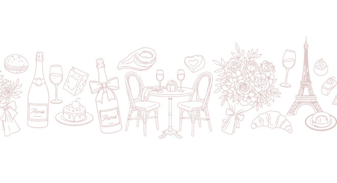 Charming Parisian romance scene with Eiffel Tower, champagne, flowers, and delightful pastries evoking a perfect date