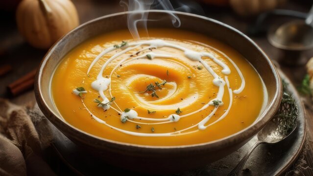 Creamy pumpkin soup in a rustic bowl, steam rising