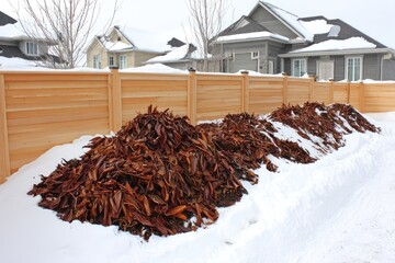 Winter garden piles of dried leaves by a wooden fence