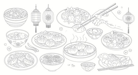 Delightful collection of steaming dumplings, savory soups, and traditional lanterns, perfect for culinary inspiration and festive designs