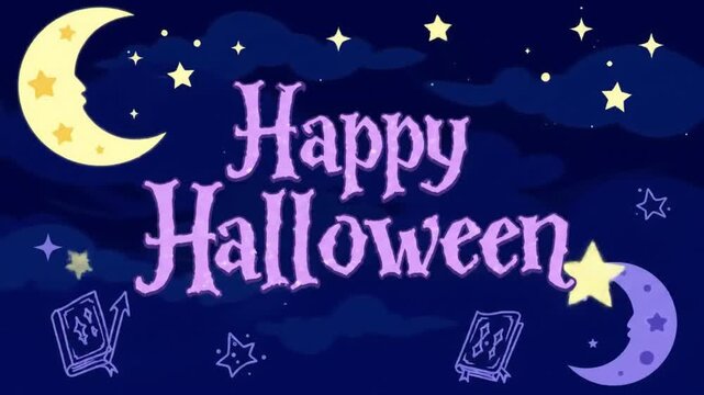 Happy Halloween video animation with purple text, night sky background, stars, crescent moons, and spooky symbols.