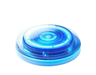Circular futuristic device with glowing blue interface