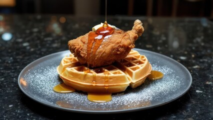 Crispy fried chicken drumstick atop a waffle, drizzled with honey and butter
