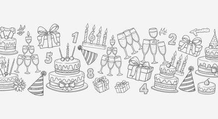 Celebrate joy with festive birthday cakes champagne toasts wrapped gifts and numbered candles creating a lively and memorable party atmosphere