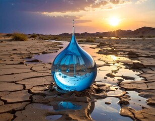 A single, translucent, blue water drop rests on cracked earth, reflecting the setting sun