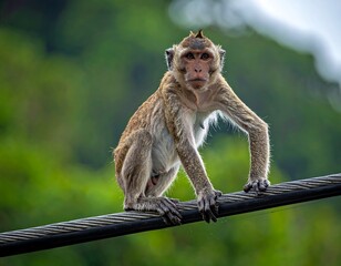 Monkey perched on a cable, jungle background