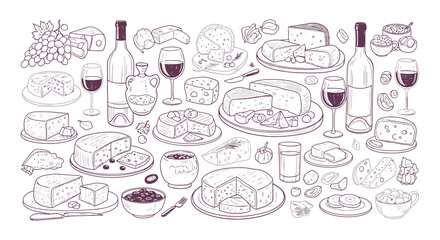 Elegant cheese and wine illustration for culinary designs, restaurant menus, and sophisticated food branding projects with a touch of classic charm