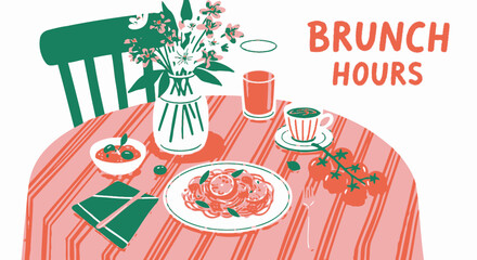 Delightful brunch table setting with pasta, tomatoes, olives, juice, and coffee, perfect for cozy mornings and relaxed weekends