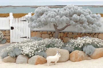 White rabbit near a white picket fence and a silver-grey pine tree, surrounded by white flowers and stones, by a body of water