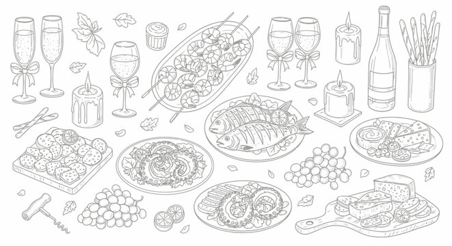 Elevate your designs with this sophisticated culinary illustration featuring fresh seafood, wine, and cheese, perfect for menus and upscale events
