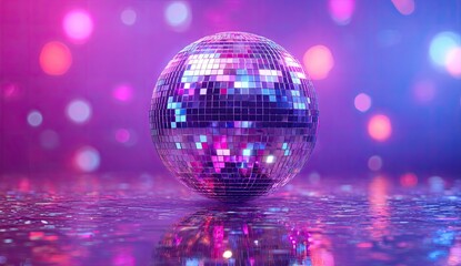 Disco ball on a glittery surface bathed in vibrant pink and purple light