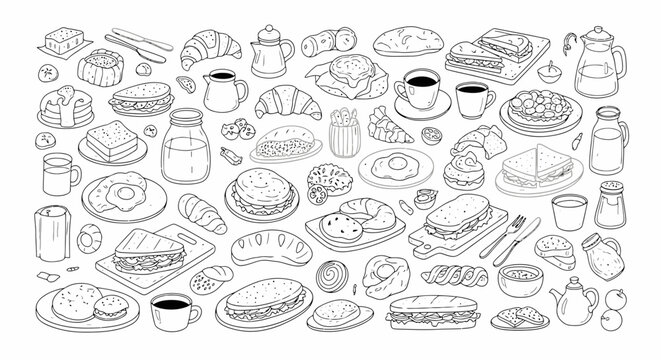 Delicious breakfast doodle art with croissants, sandwiches, coffee, and pancakes for menu design and restaurant promotions, showing food variety and tasty options