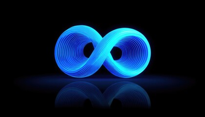 Glowing blue infinity symbol, reflected on black