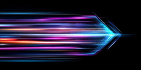 Abstract vibrant light streaks forming an arrowhead on a black background